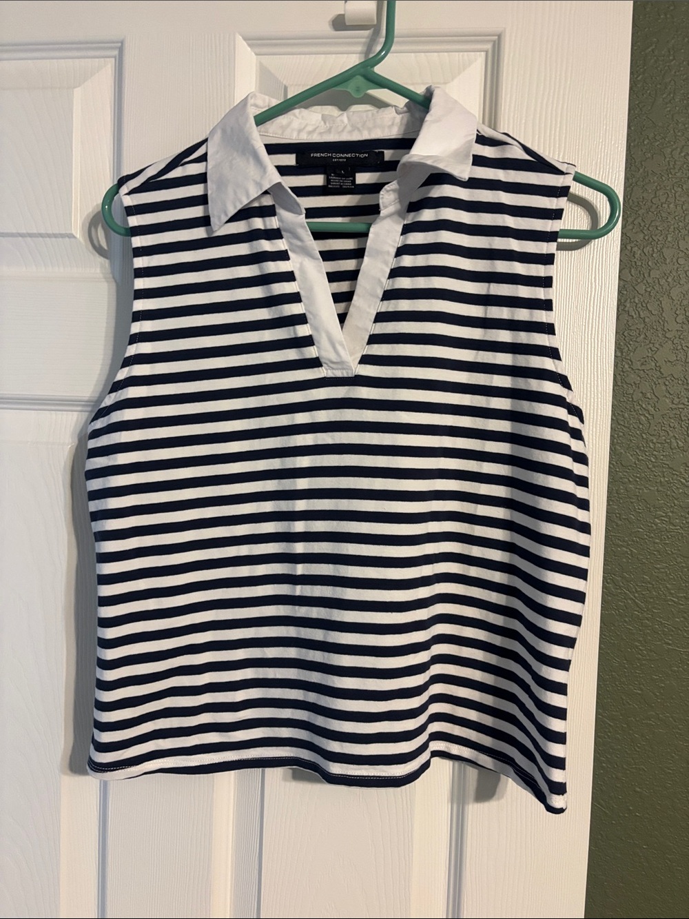 French Connection White and Navy Striped Sleeveless Polo Tank